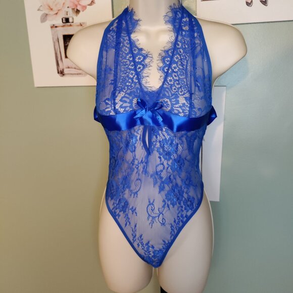 Lace Deep V Backless Halter Open Crotch Bodysuit Lingerie - Picture 3 of 7